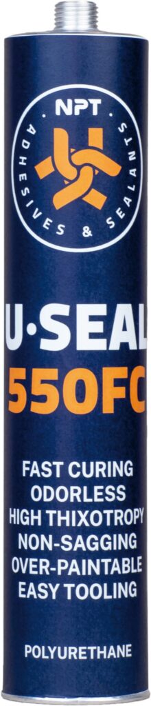 NPT U-Seal 550FC, 310ml , pelēka, augstas tiksotropijas, ātri cietējoša vienkomponenta poliuretāna elastīga līme un hermētiķis, kas ir PVC nesaturoša un bez smaržas.
